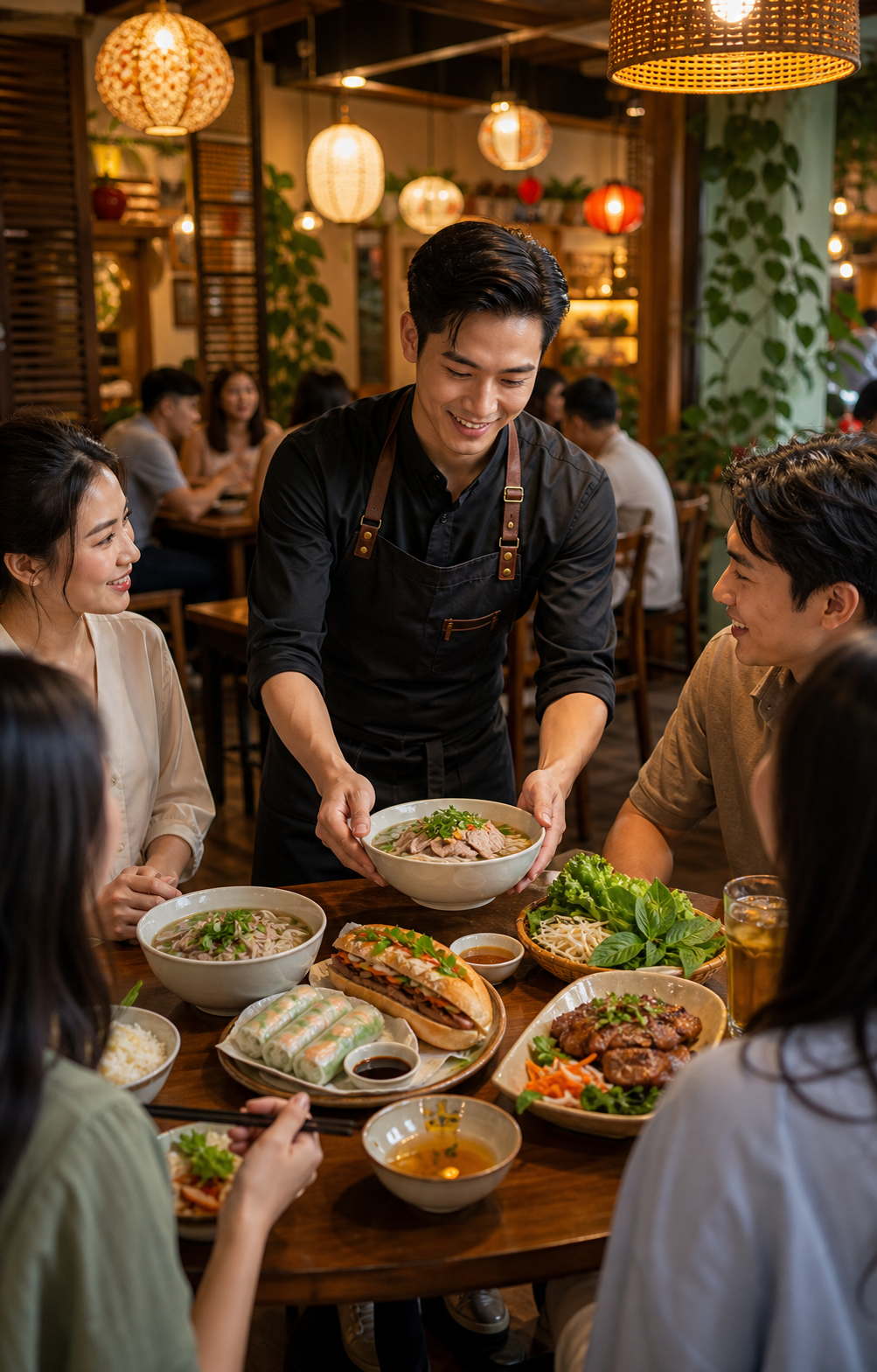A warm Vietnamese restaurant with pho, fresh herbs, shared dishes, and guests being served